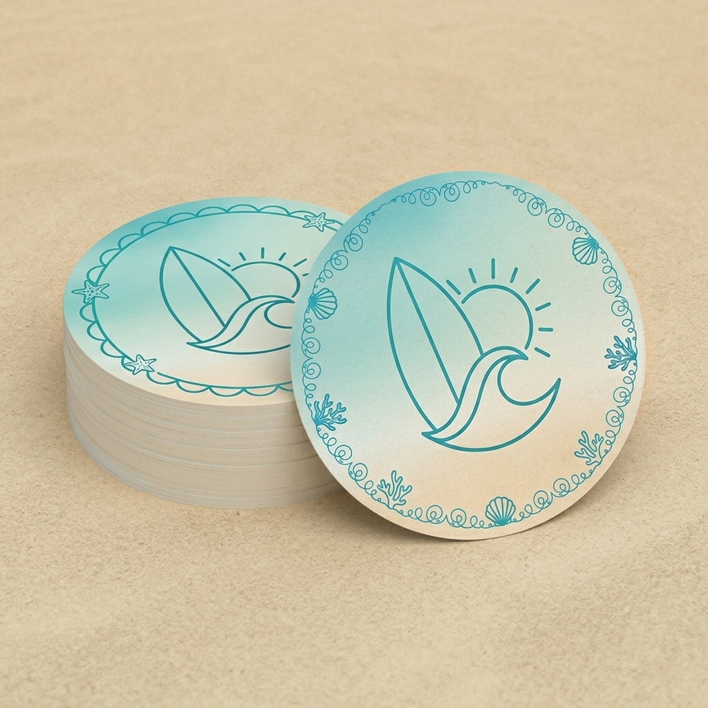 Stack of round stickers with wave and sun design on a beige background