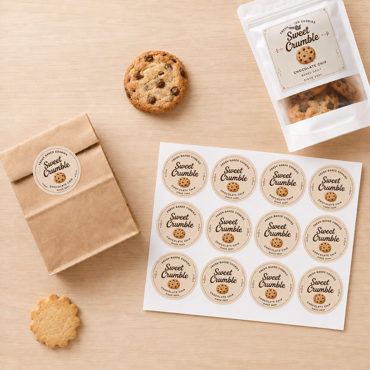 A sheet of round 'Sweet Crumble' chocolate chip cookie stickers next to a brown paper bag and a white pouch, showing custom food packaging label applications.