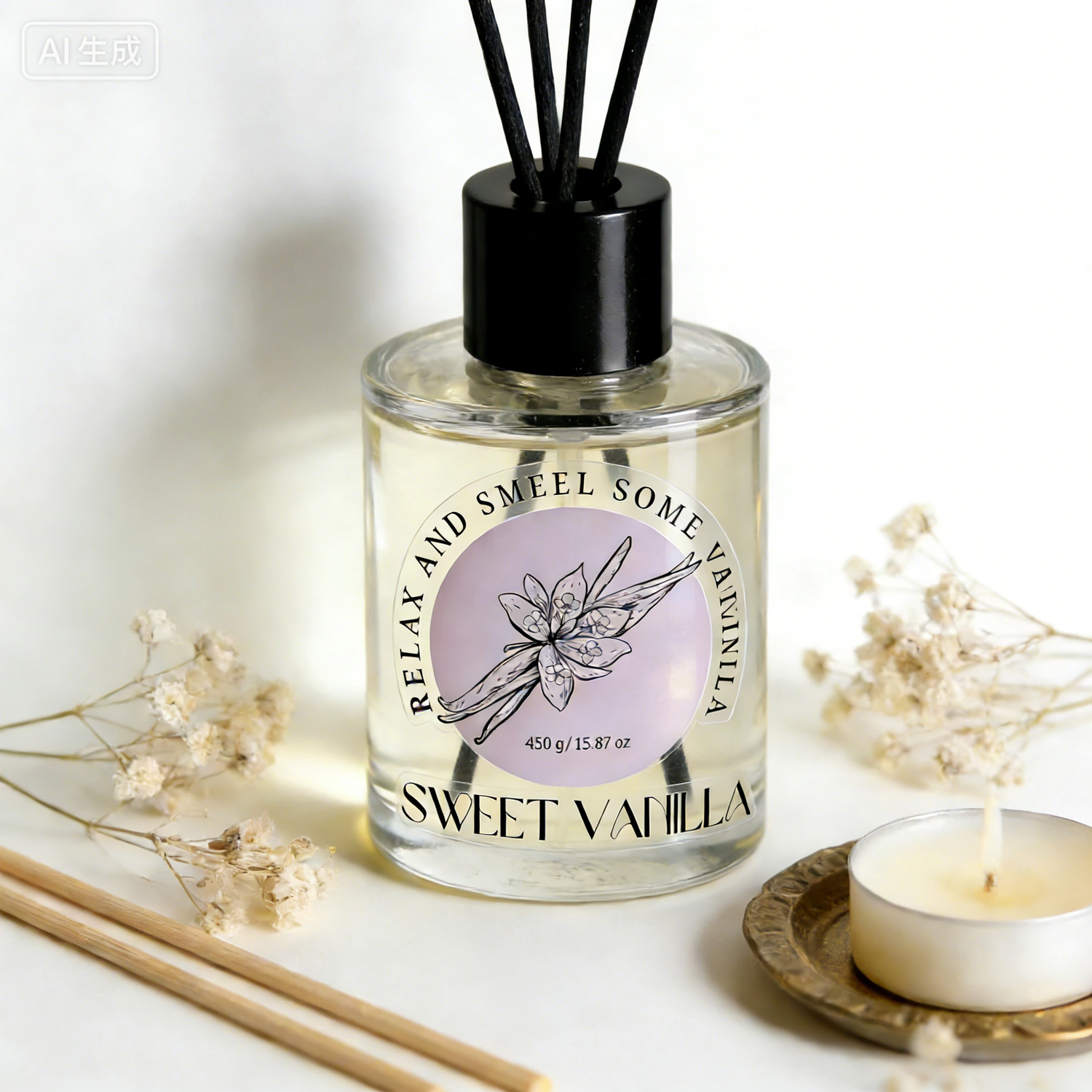 “Sweet Vanilla” diffuser with clear stickers and a candle on a light background, showcasing professional product labeling and branding.