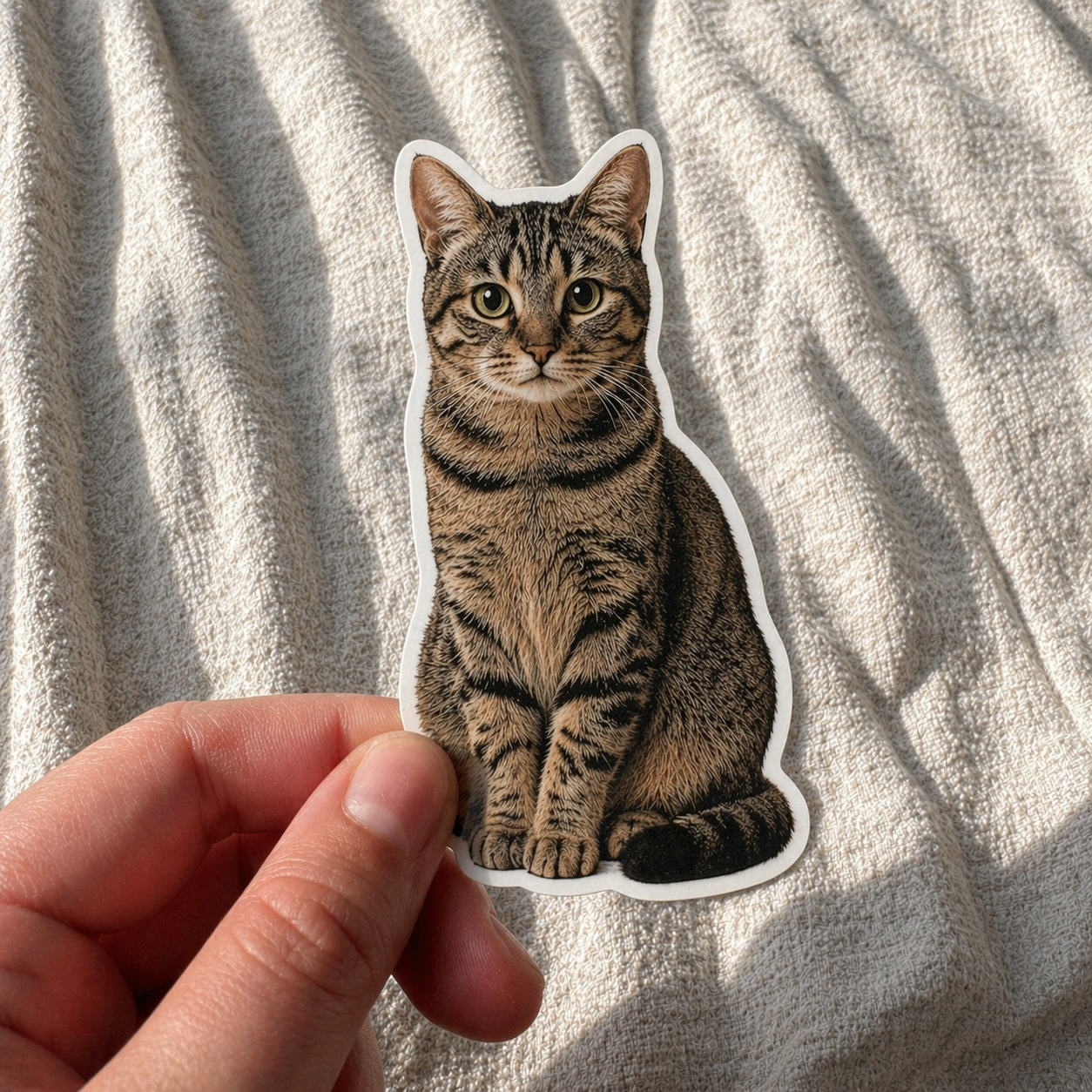 personalized cat stickers of a tabby cat held against a textured beige background