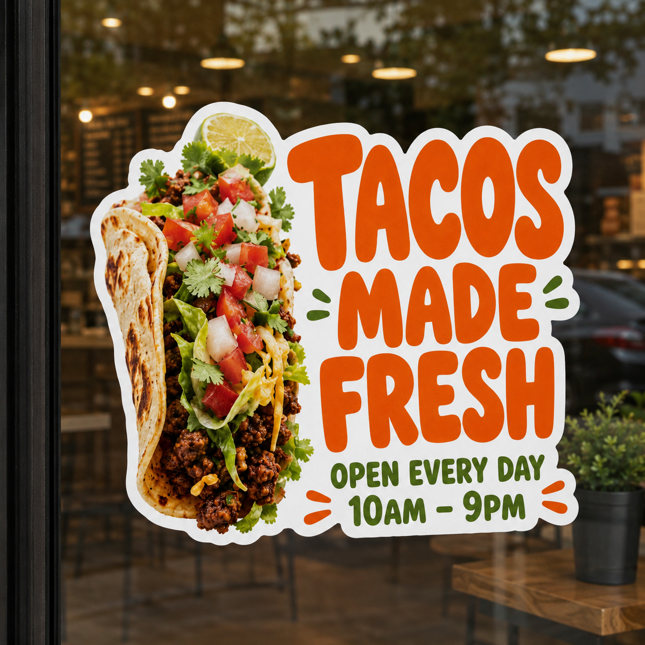 Realistic removable vinyl window sticker on a storefront glass featuring a taco illustration and bold promotional text, shown in a clean commercial restaurant display.