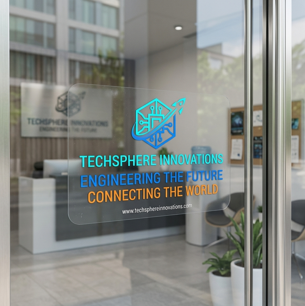 transparent window clings featuring the TechSphere Innovations logo and tagline for business promotion