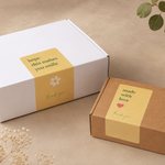 Thank-you packaging stickers on white and kraft boxes