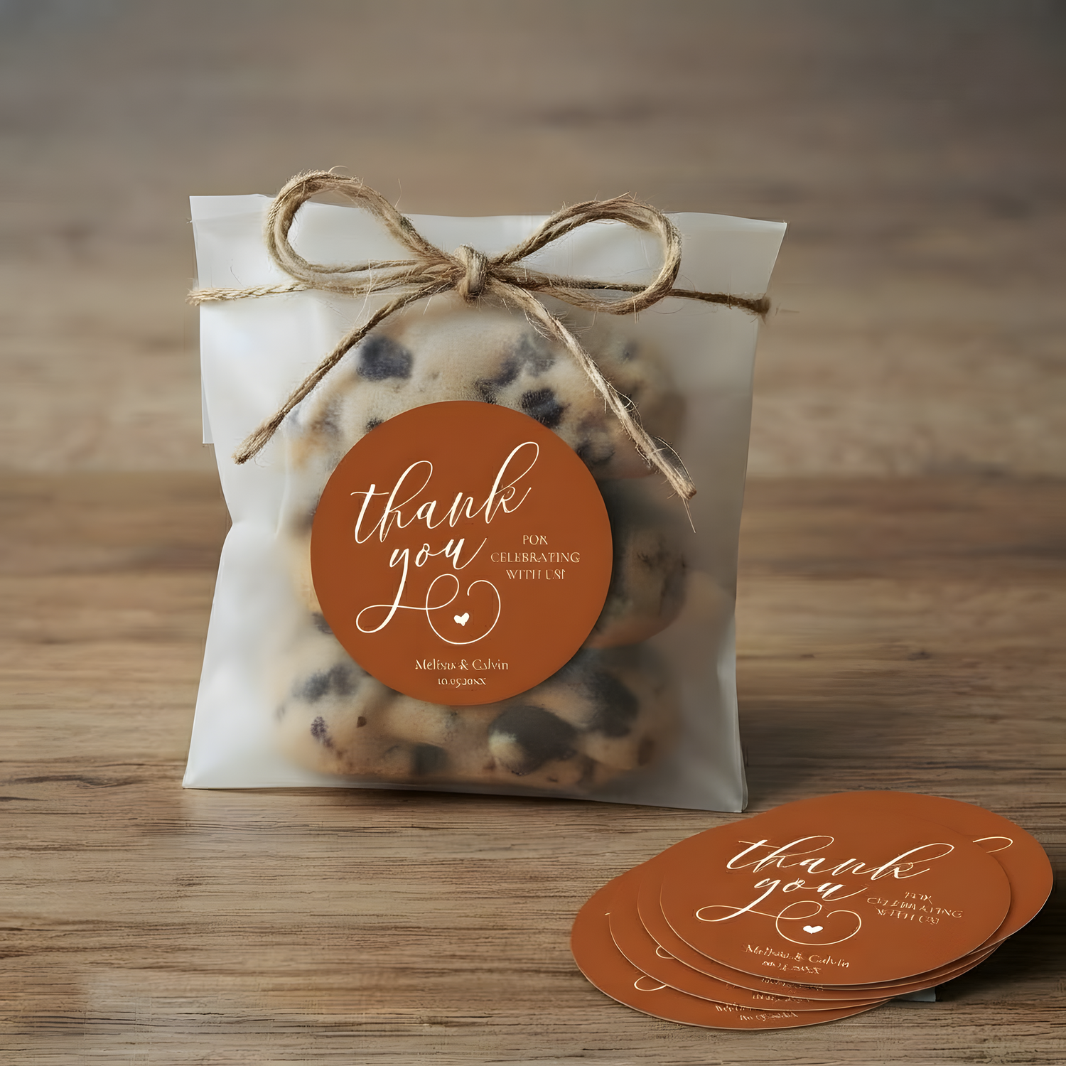 Brown round thank you stickers displayed with a gift bag for business, weddings, and parties.