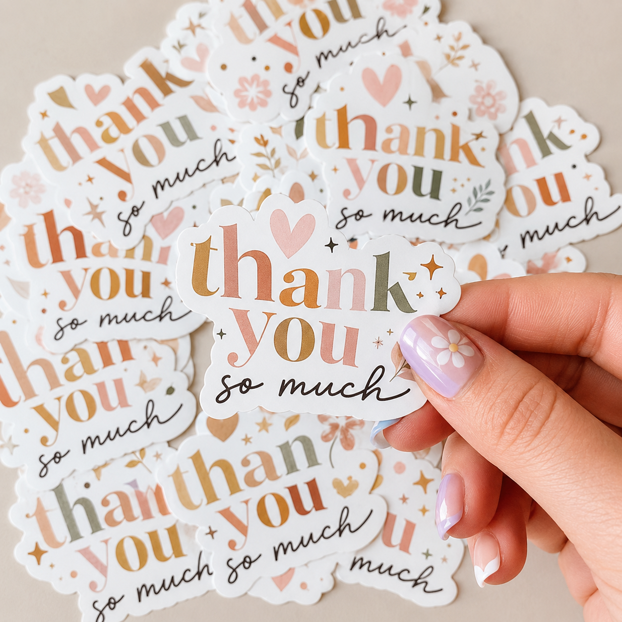 Hand holding a 'thank you so much' vinyl sticker with more stickers in the background.