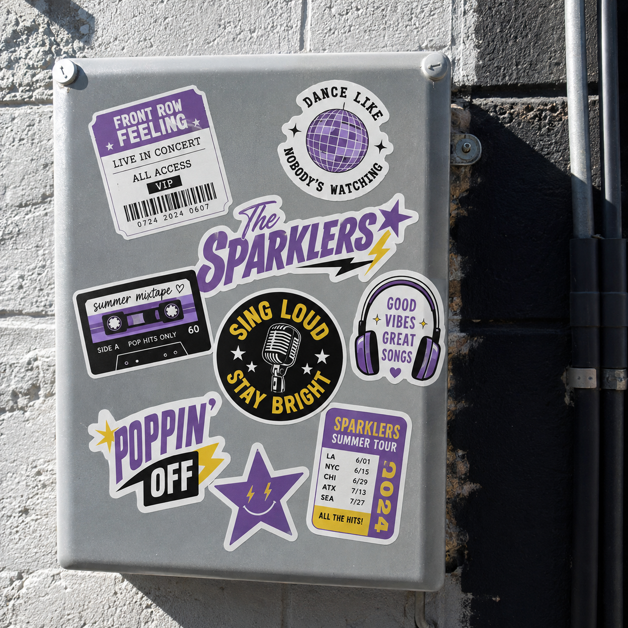 Custom band stickers featuring The Sparklers logo, tour dates, cassette tape, and concert designs on a box.