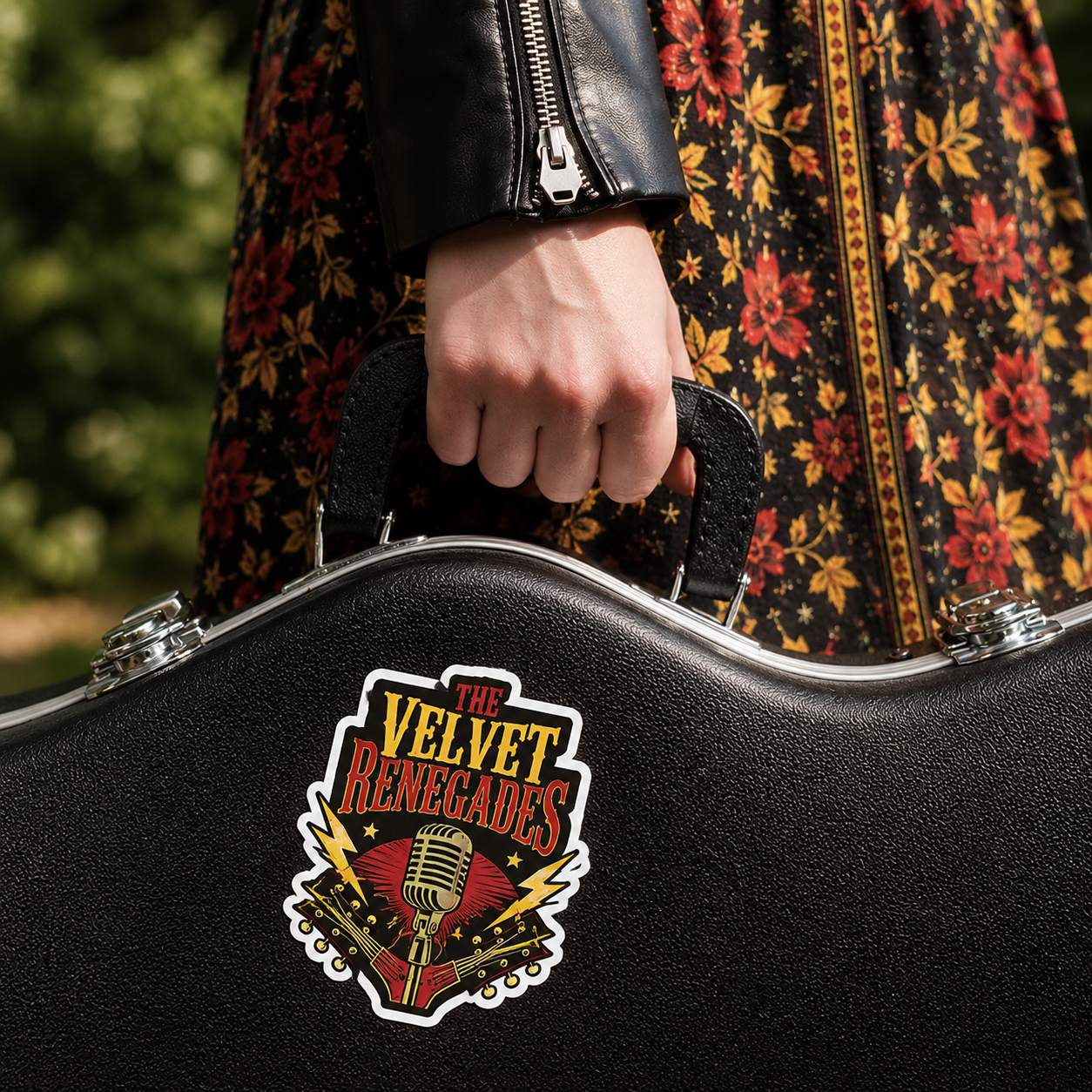 Custom band stickers featuring a vintage microphone and guitar design on a black instrument case.