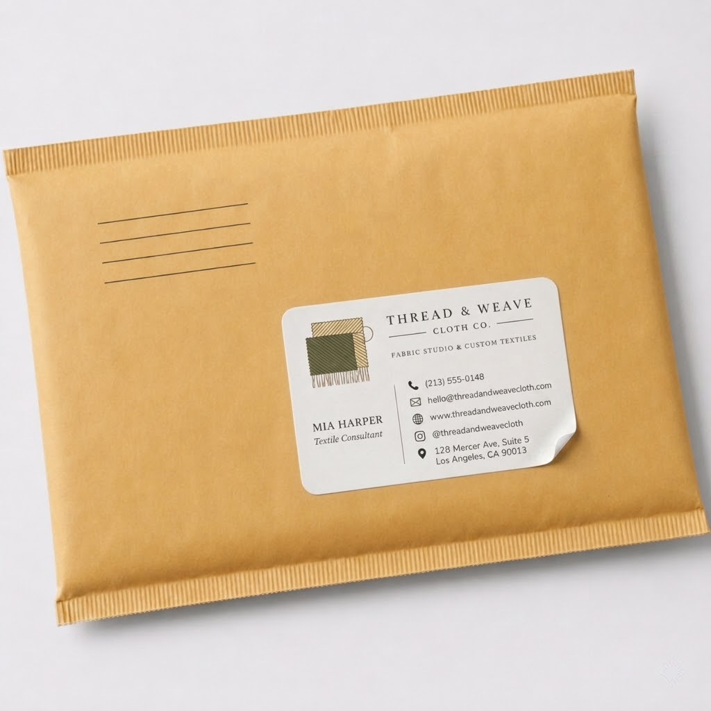 A rectangular white vinyl business card sticker with rounded corners, subtly peeling up at the corner to show its premium material, applied onto a brown kraft paper padded mailer bag.
