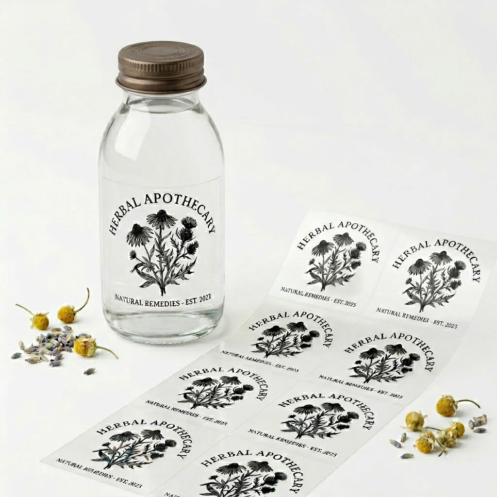 Custom transparent labels with black botanical illustrations applied to a glass bottle and displayed on a roll of sticker sheets.