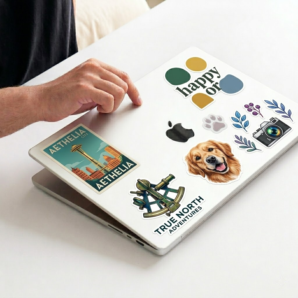 Person opening a white laptop decorated with travel-themed stickers, featuring a Golden Retriever dog face, a vintage sextant with "True North Adventures," and a Seattle-style city landscape.