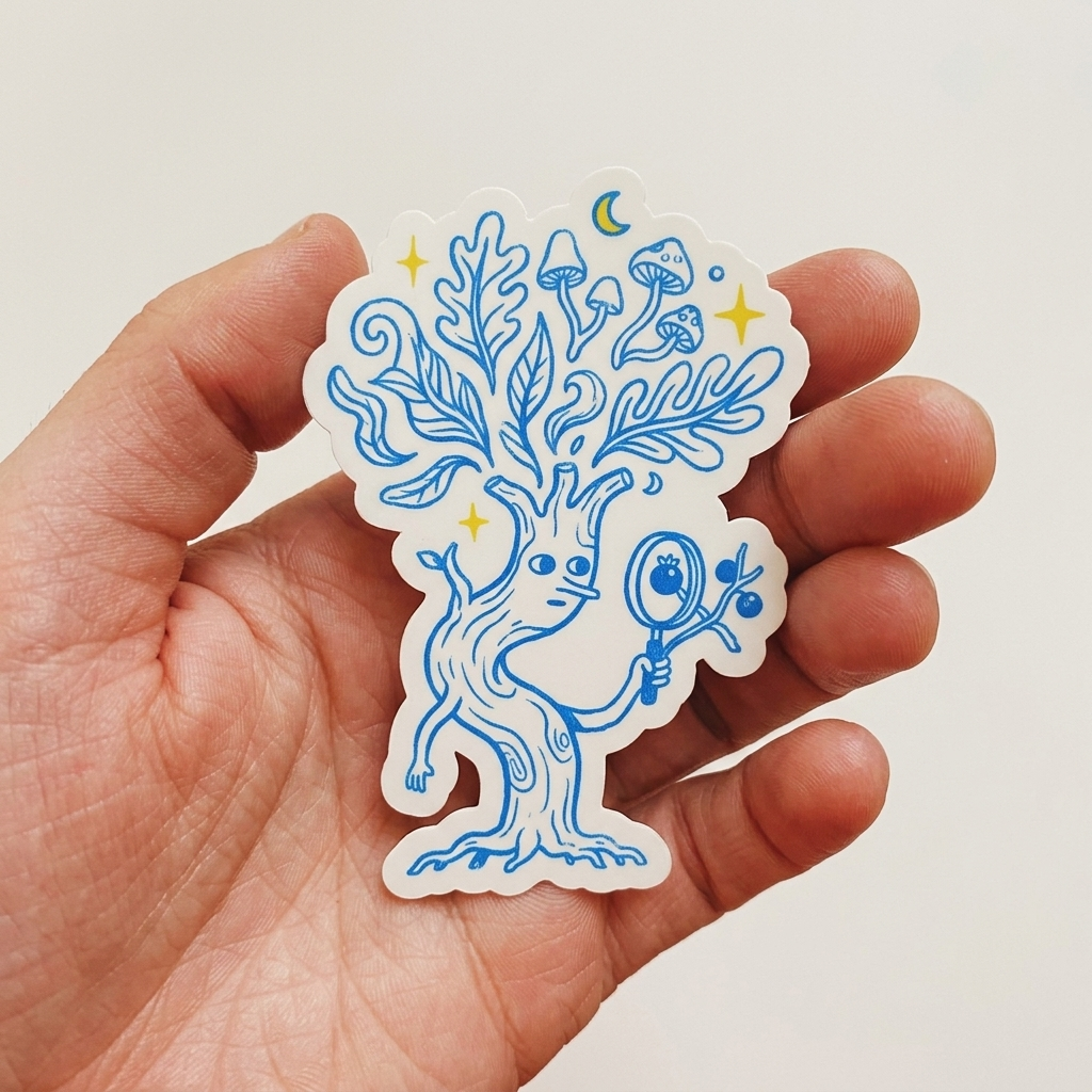 Hand holding a blue and white sticker of a stylized tree-like creature with leaves and mushrooms.