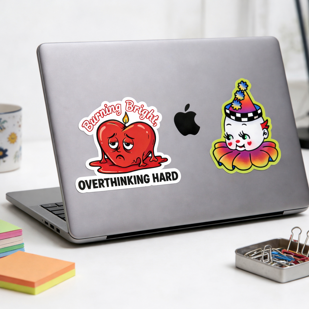 Two funny vinyl stickers, decorating a laptop, featuring melting heart overthinking design and colorful clown character