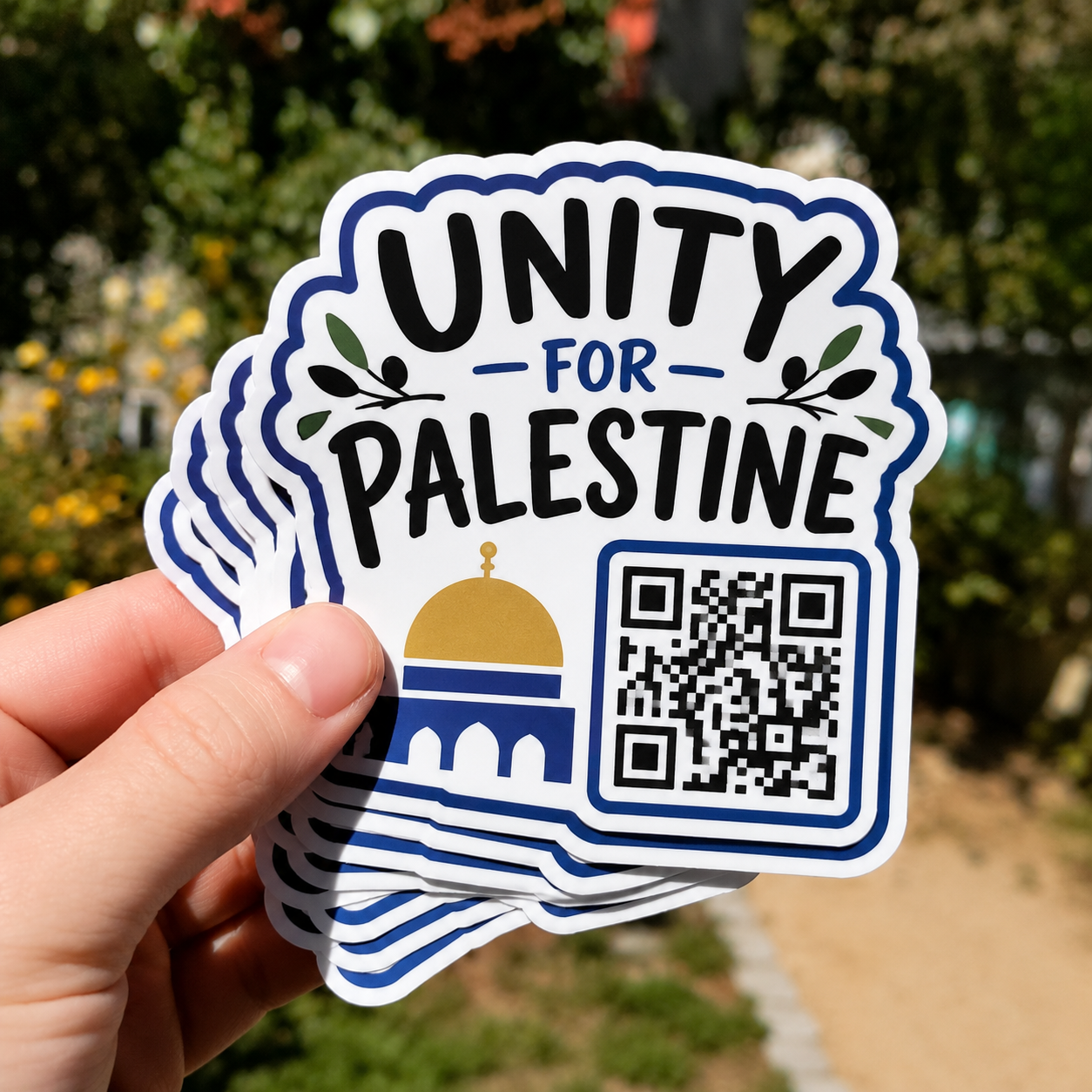 Hand holding a stack of custom Unity for Palestine die cut stickers with a QR code and simple dome icon outdoors.