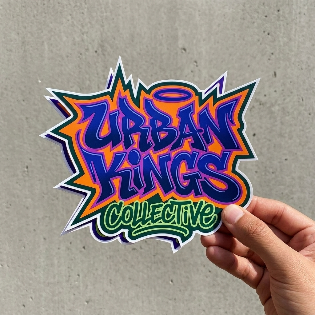 A hand holding a sharp, multi-layered die-cut sticker that reads "Urban Kings Collective" in bold purple and orange graffiti script with a halo detail.