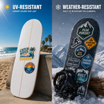 Custom vinyl stickers demonstrating UV and weather resistance on a surfboard at the beach and a snowboard in the snow.