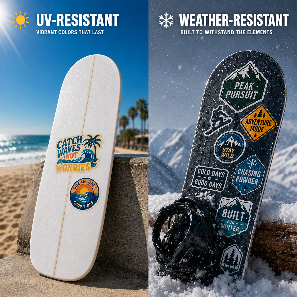 Custom vinyl stickers demonstrating UV and weather resistance on a surfboard at the beach and a snowboard in the snow.