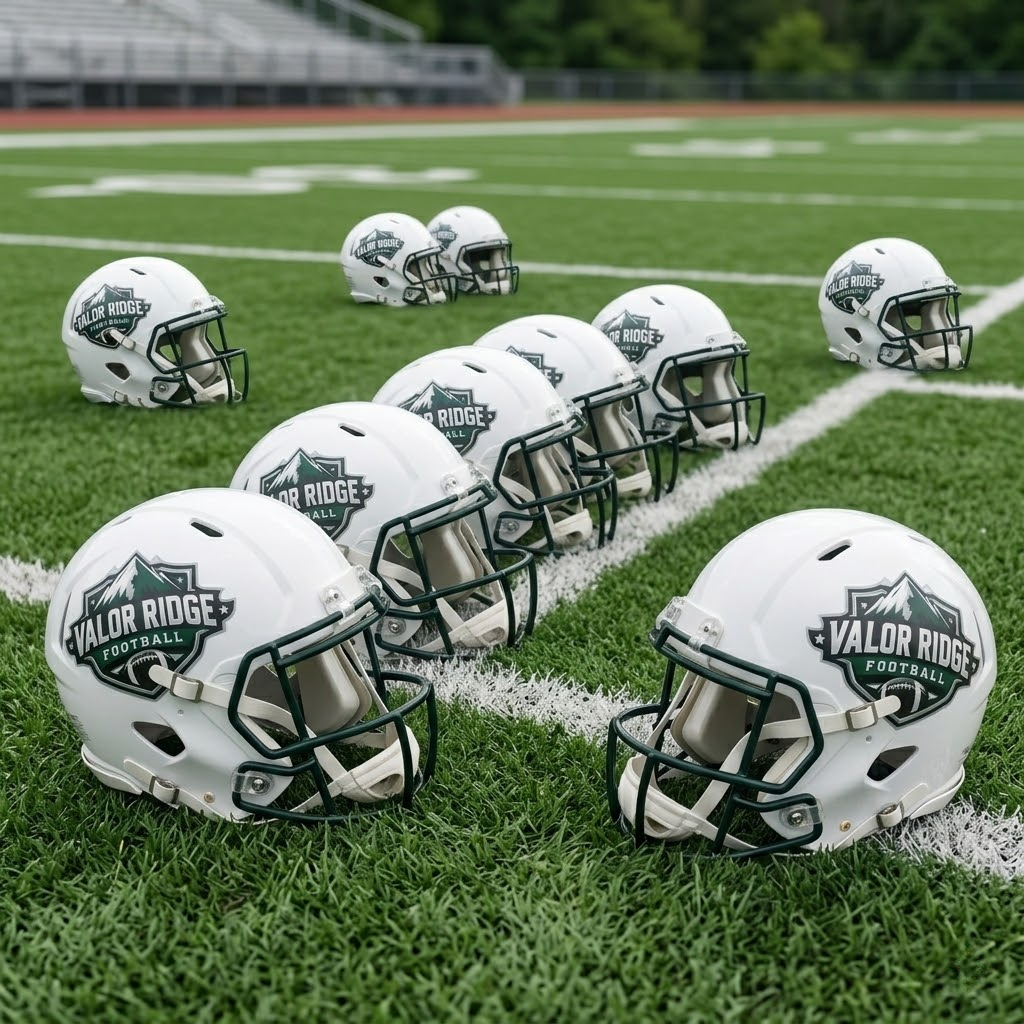 Multiple white Valor Ridge Football team helmets with custom mountain logo decals lined up on a green grass football field.