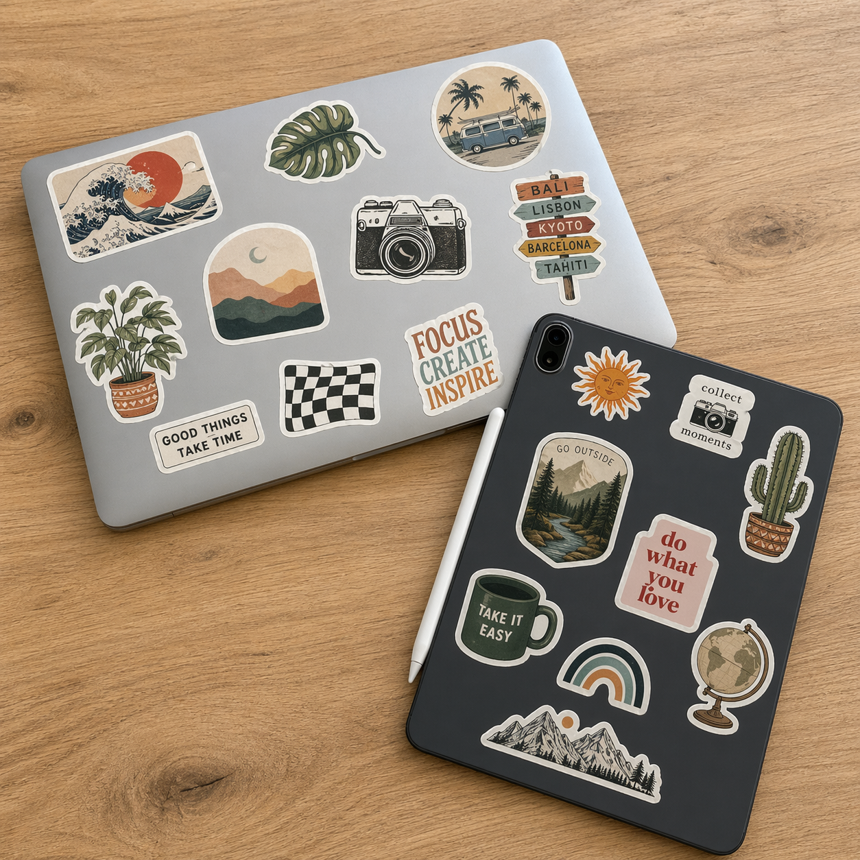 various stickers decals for macbook on a wooden surface