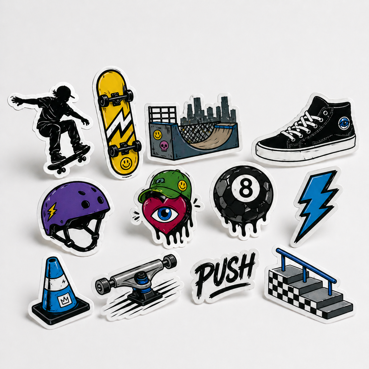 A pack of various waterproof skateboard stickers and decals for skateboards on a white background.