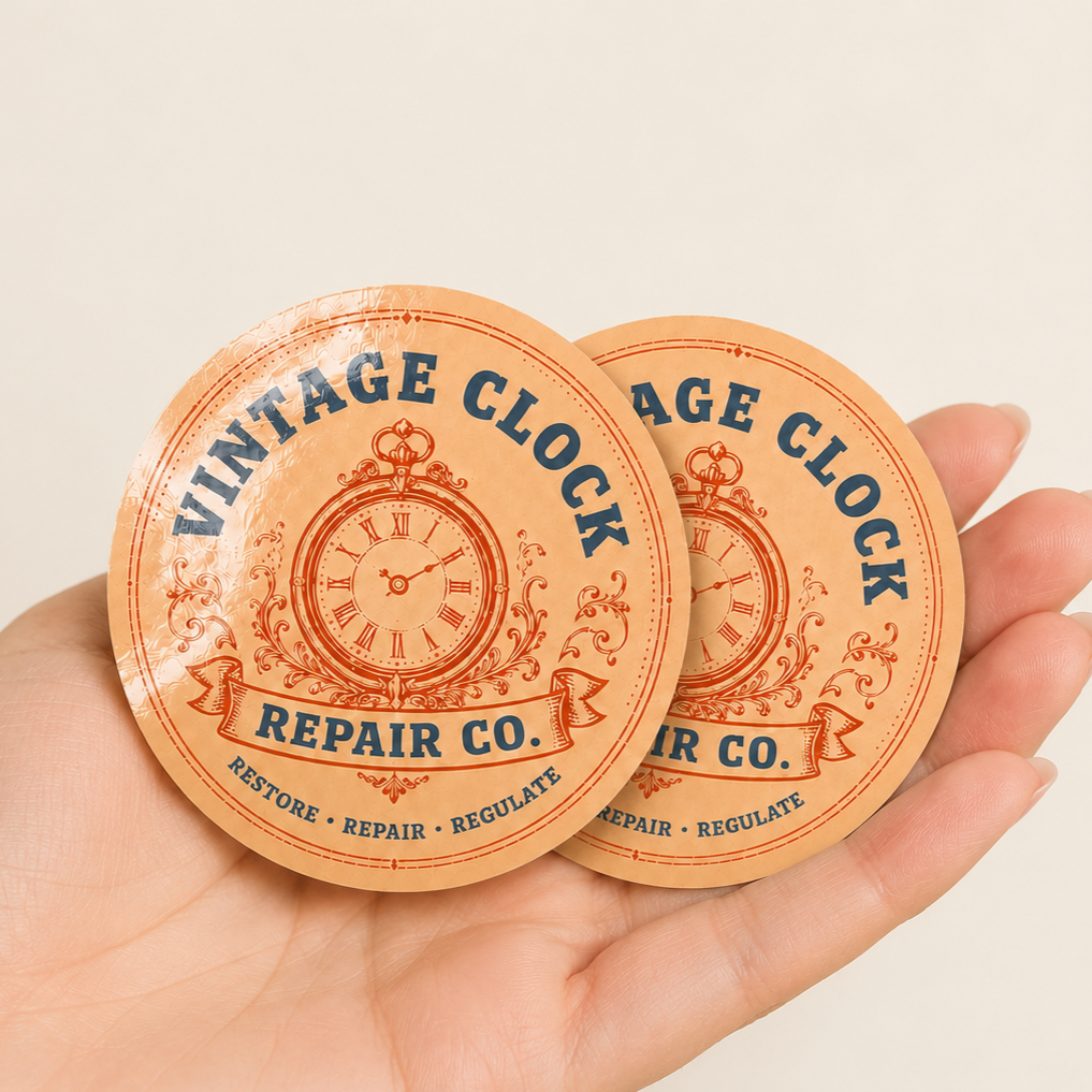 Comparison of vintage clock repair round stickers showing glossy and matte finishes in orange color palette, highlighting texture and surface differences in a clean studio product photo.