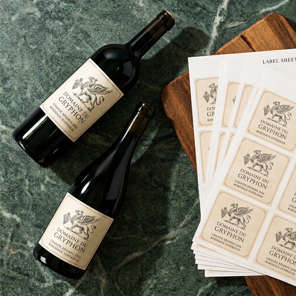 "Domaine du Gryphon" custom red wine labels with a classic gryphon emblem, shown as a stack of label sheets on a dark marble surface.