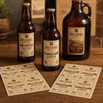 Vintage personalized beer bottle labels applied on brown glass bottles and a growler, with custom printed sticker sheets displayed on a rustic wooden table.