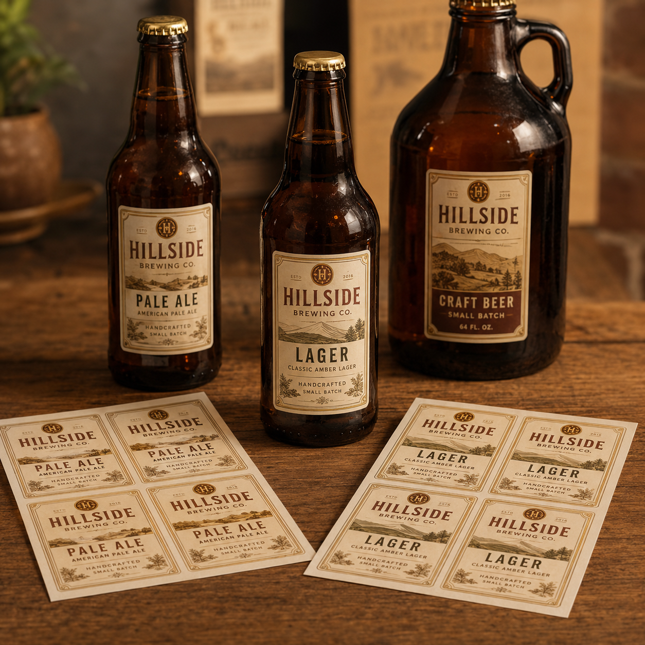 Vintage personalized beer bottle labels applied on brown glass bottles and a growler, with custom printed sticker sheets displayed on a rustic wooden table.