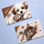 Vintage sepia-toned credit card covers showing cute puppy and kitten photos, styled as unique debit card stickers.