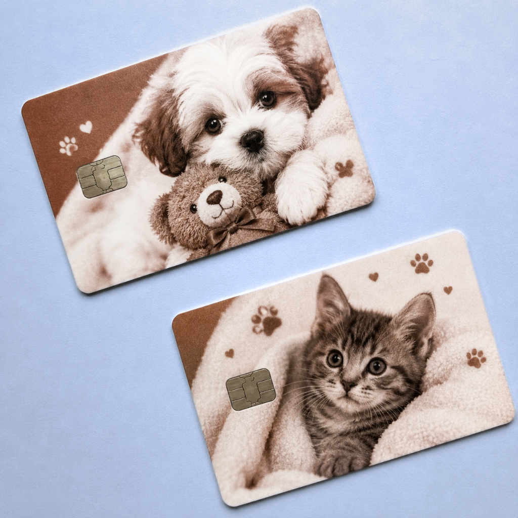 Vintage sepia-toned credit card covers showing cute puppy and kitten photos, styled as unique debit card stickers.