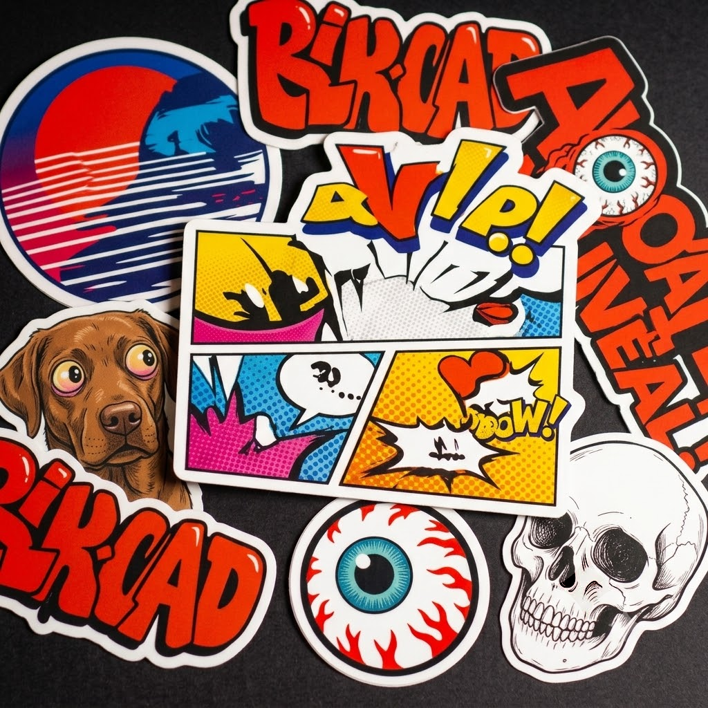 ssorted vinyl sticker pack featuring pop art comic panels, a surprised dog, a skull, and eyeballs on a black background.