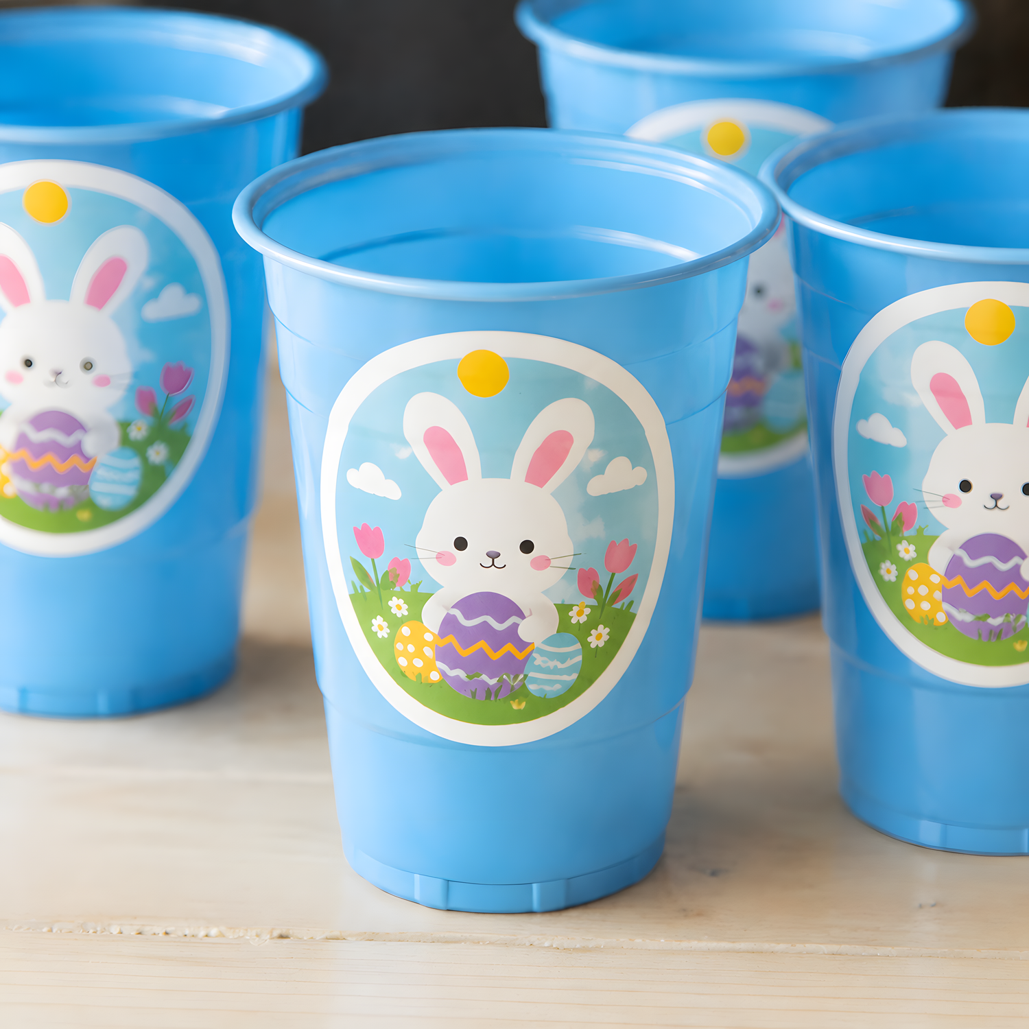 Custom vinyl stickers with rabbit design applied to product cups, showing how small businesses use larger stickers for branding, packaging, and customer products.