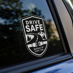White vinyl car decal for windows, "Buckle Up Every Time" safety sticker for vehicles, die-cut road safety sign decal.