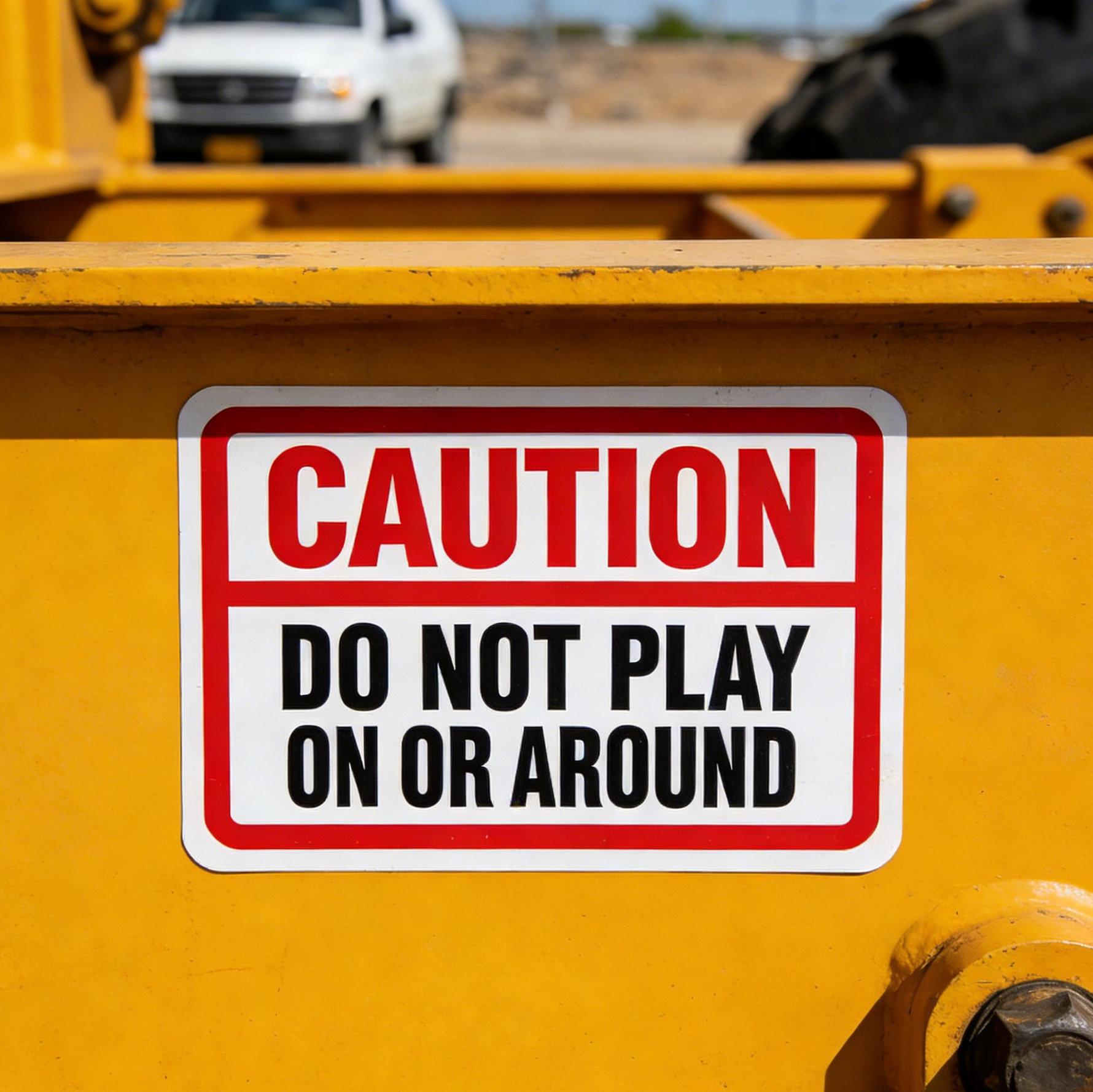 Yellow container with a caution sign warning 'Do Not Play On Or Around' in an outdoor setting.