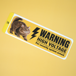 Yellow custom bumper sticker featuring a cute cat and WARNING HIGH VOLTAGE security text.