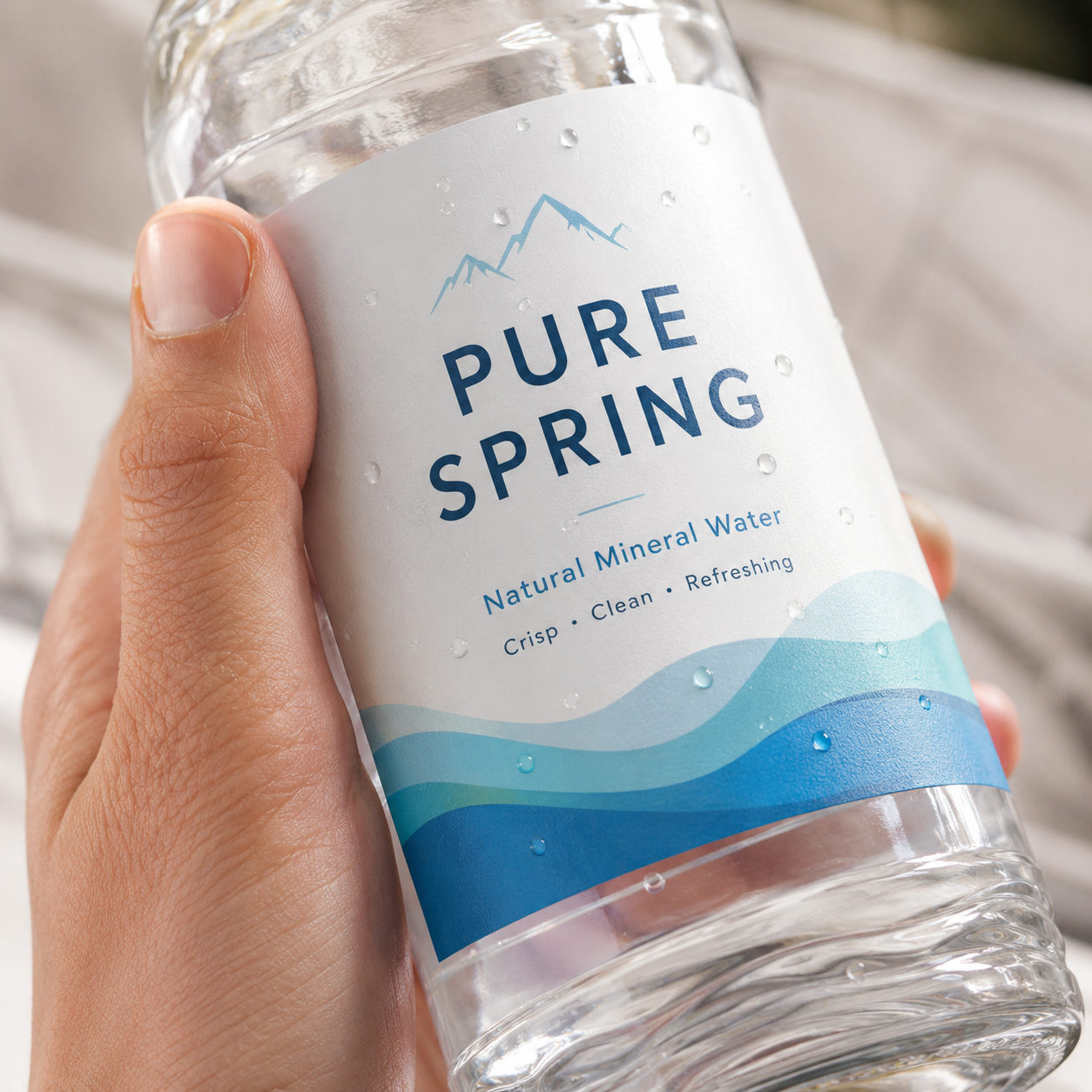 Close-up of a "Pure Spring" mineral water bottle with a waterproof label covered in realistic condensation droplets, showing no ink bleeding or peeling in moist conditions.