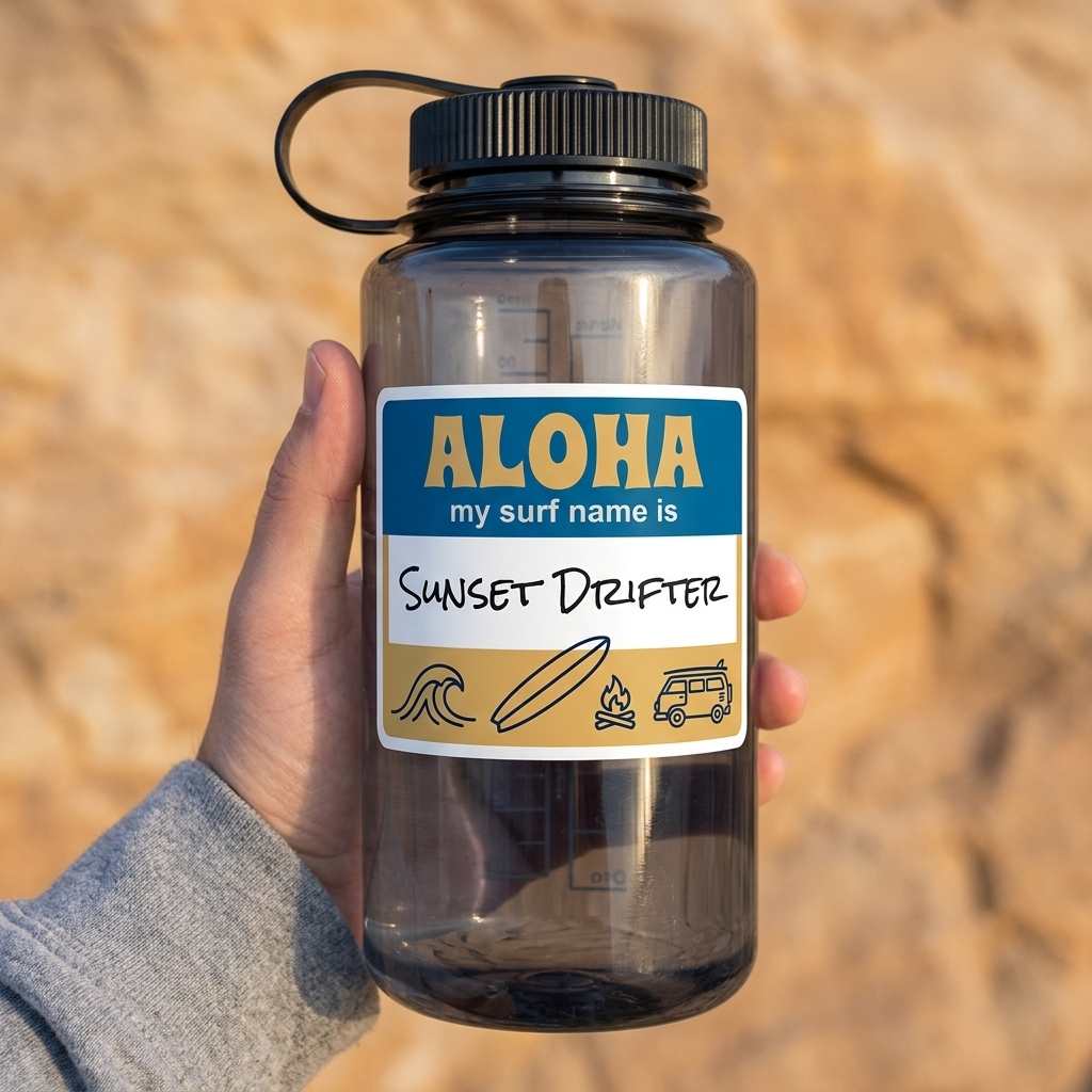 Clear water bottle with a label reading 'Aloha my surf name is Sunset Drifter' held by a person against a blurred natural background.