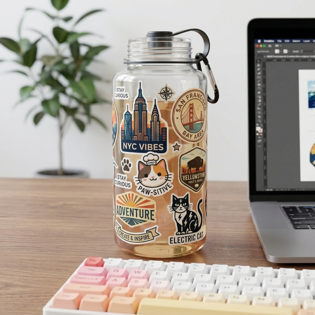 Water bottle with various stickers on a desk next to a laptop