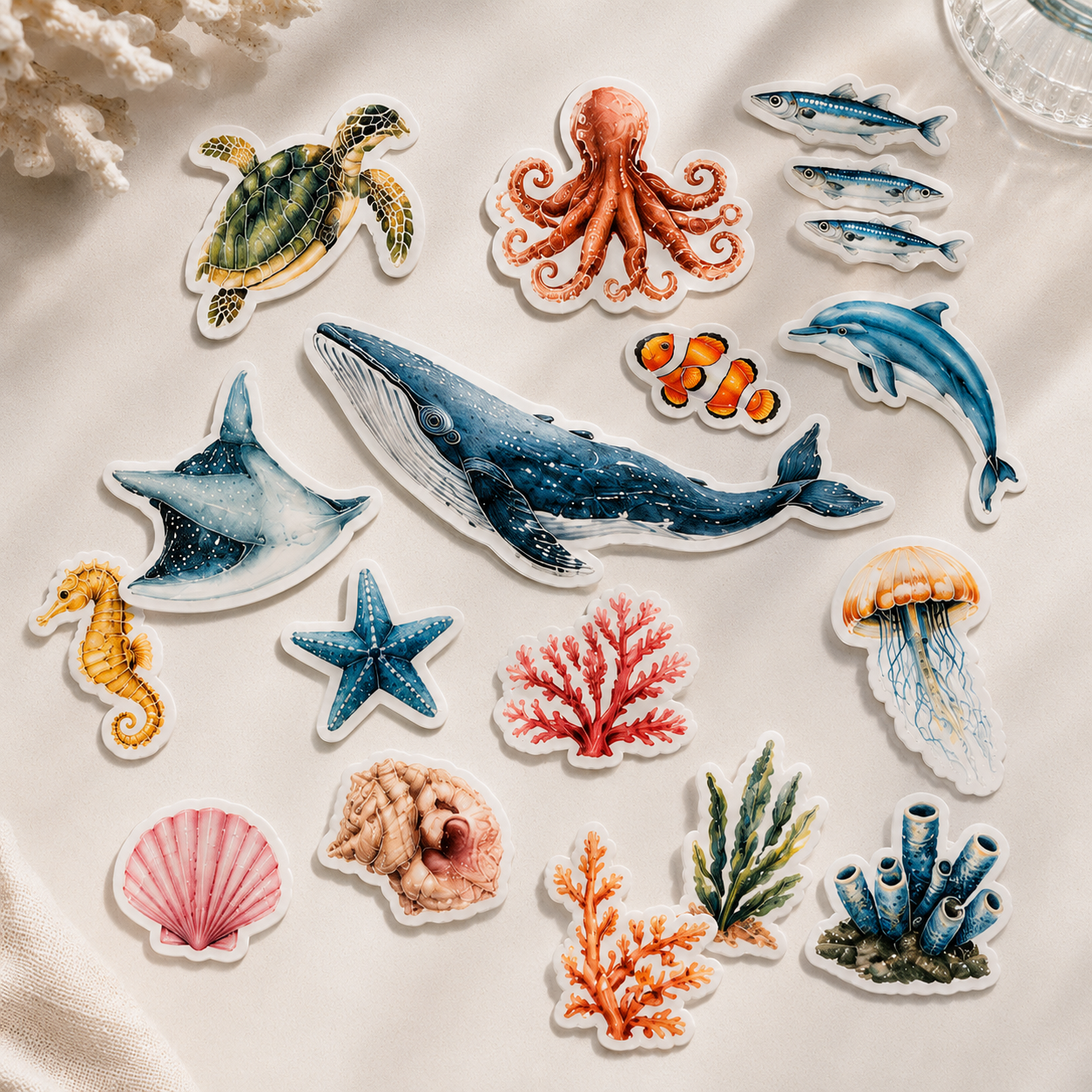 Watercolor ocean animal custom art stickers with die cut edges