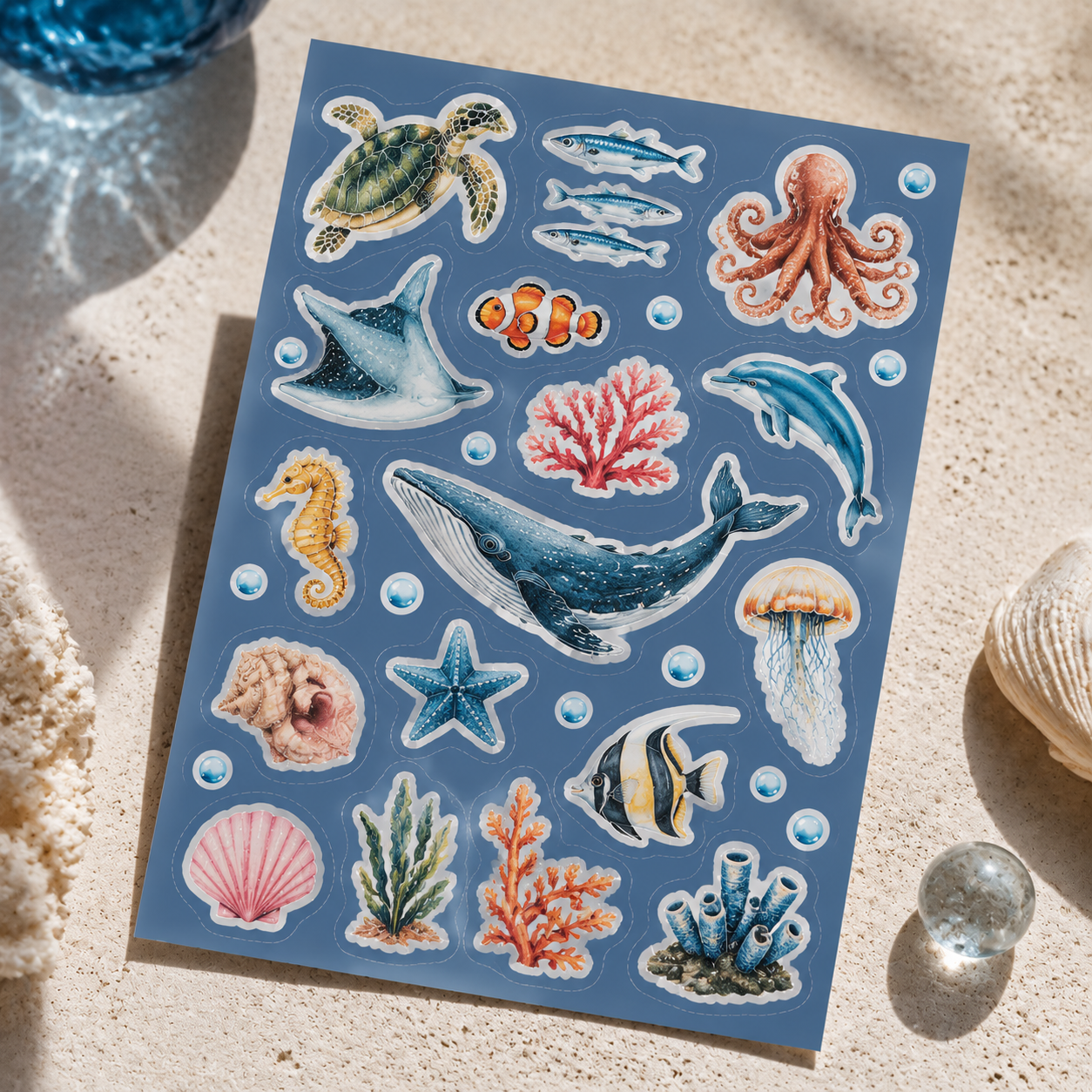 Premium macro shot of a watercolor ocean life sticker sheet with detailed vinyl stickers of a blue whale, sea turtle, jellyfish, and coral reef on a textured sandy surface with soft natural light shadows.