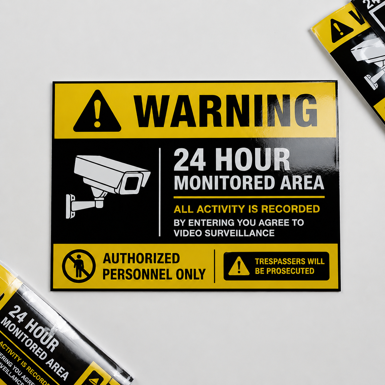 Professional-grade permanent stickers for security monitoring, featuring waterproof gloss finish and bold "Warning: 24 Hour Monitored Area" graphics.