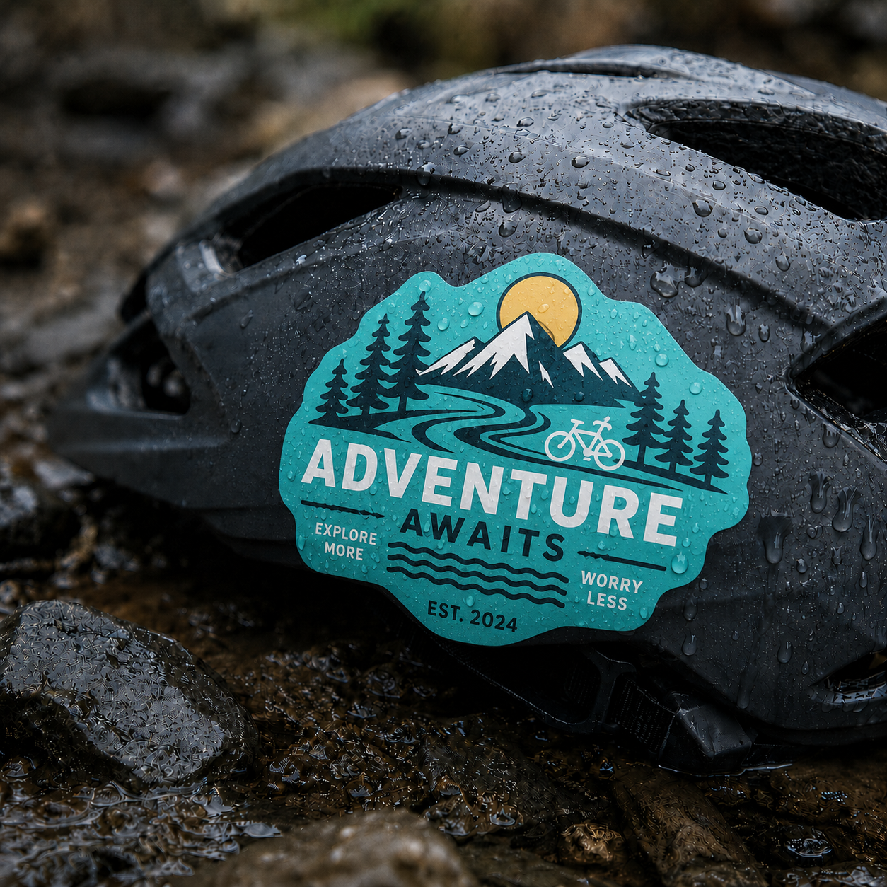 Waterproof vinyl adventure sticker applied to a cycling helmet, featuring mountains, trees, and outdoor travel design