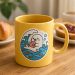 Waterproof animal sticker on a yellow mug in a clean kitchen setting.