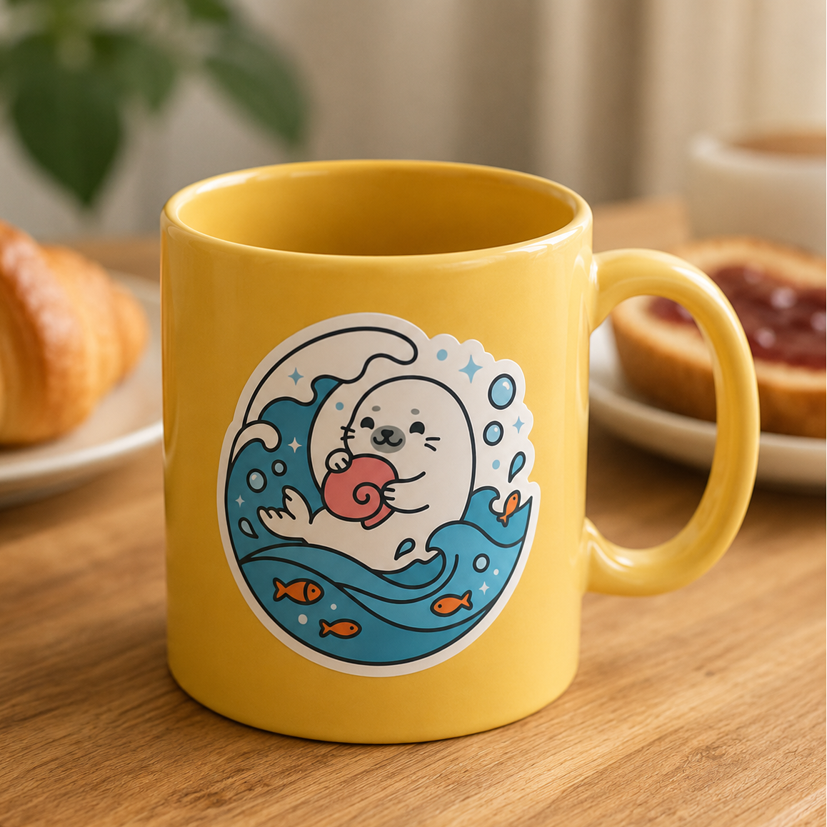 Waterproof animal sticker on a yellow mug in a clean kitchen setting.