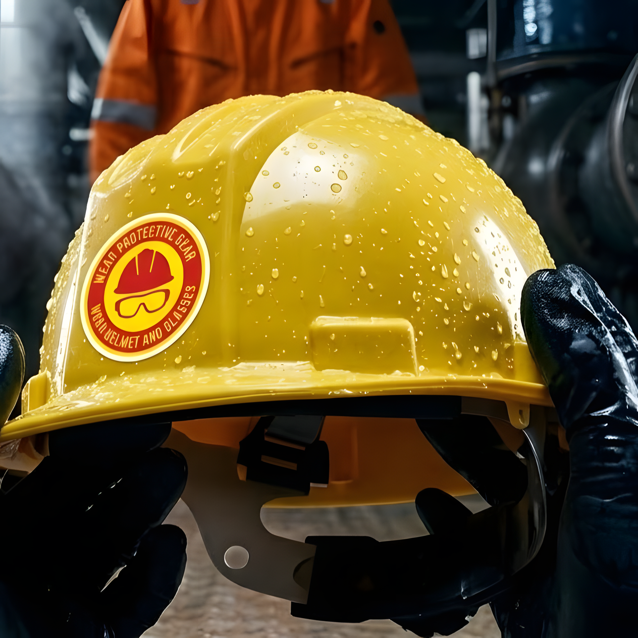 A yellow hard hat with a circular sticker covered in water droplets, held by black-gloved hands in an industrial setting.
