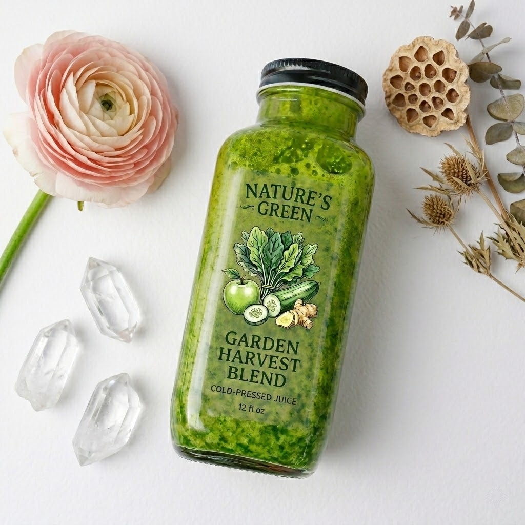A 12 oz glass bottle of green cold-pressed juice featuring a waterproof clear label with vibrant vegetable illustrations and "Nature's Green" branding.