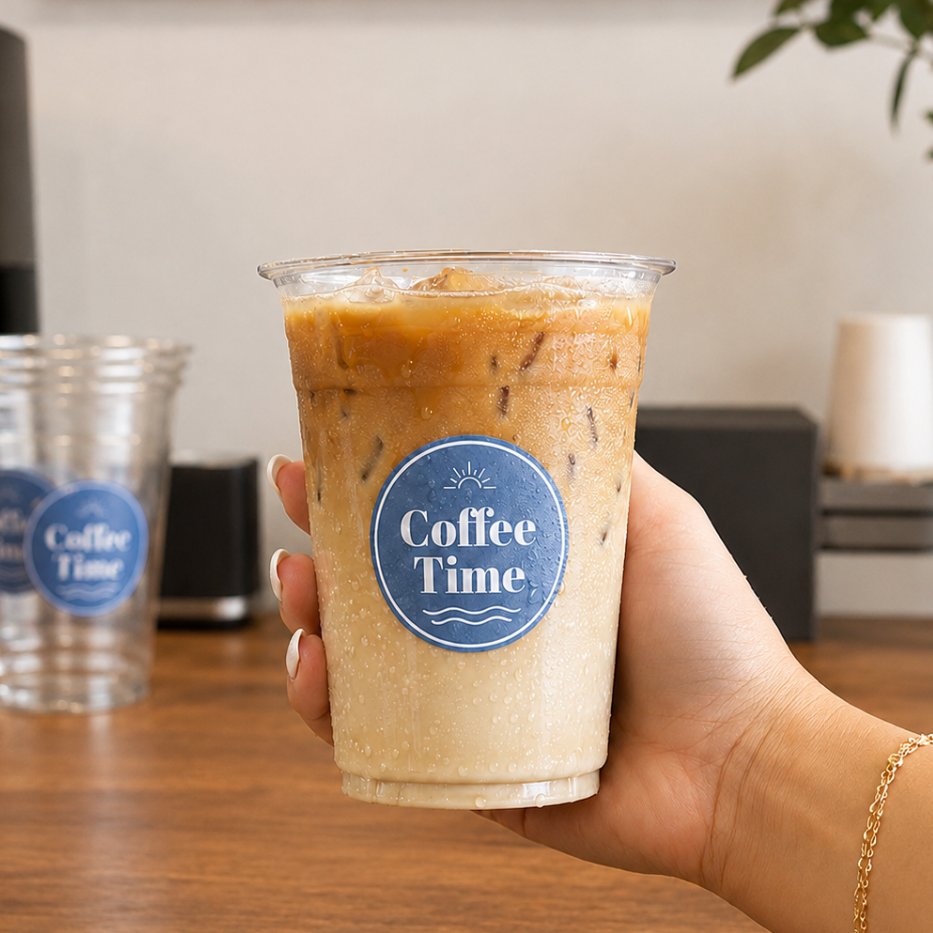 Waterproof coffee sticker on an iced drink cup with condensation