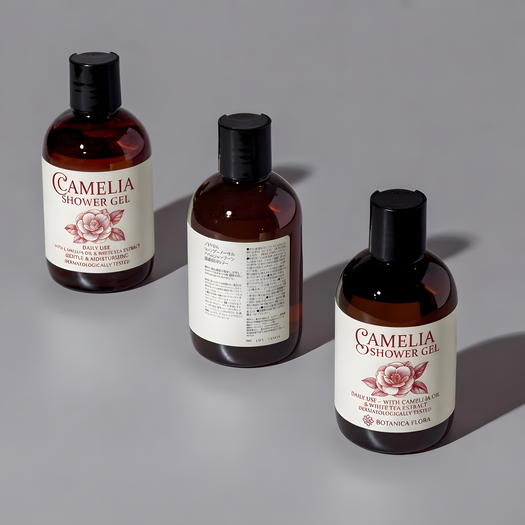 Waterproof custom cosmetic labels on camellia shower gel amber bottles, durable white vinyl for personal care