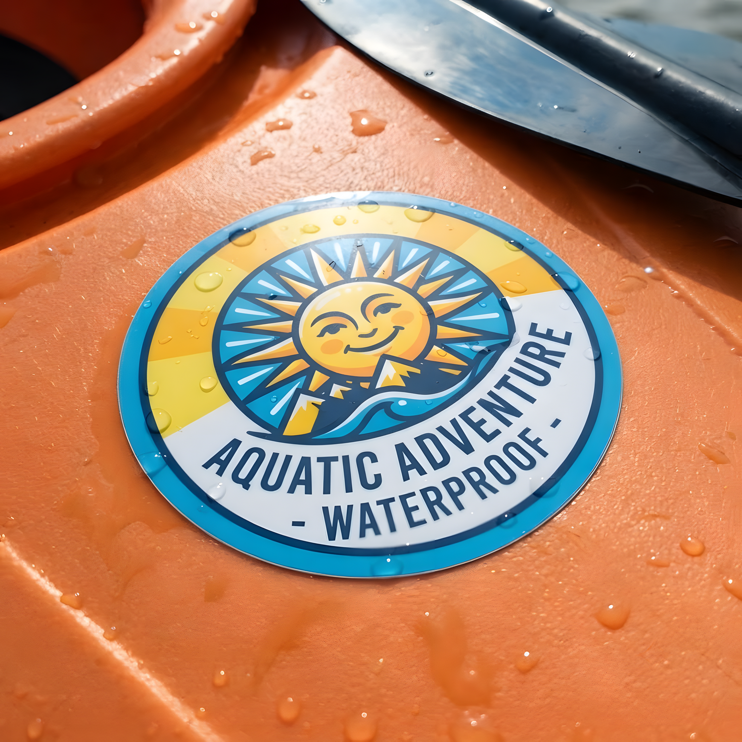 Waterproof custom vinyl stickers built to last, featuring an aquatic adventure design on an orange surface with water drops.