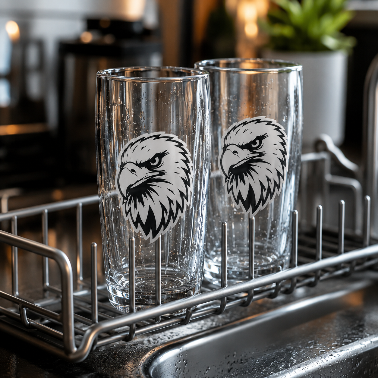 Waterproof eagle stickers on glass cups with water droplets near a kitchen sink.