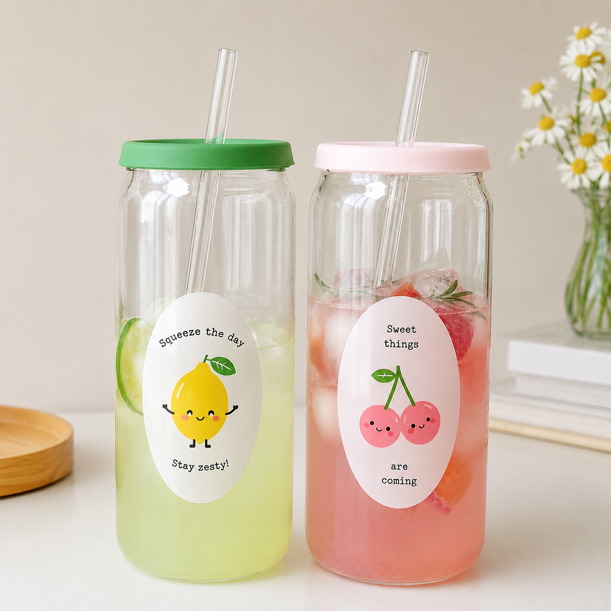 Waterproof fruit stickers on glass tumblers with cold drinks.